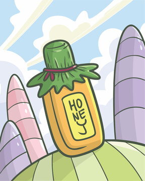 Funny Honey bottle cartoon illustration with mountain and cloudy background