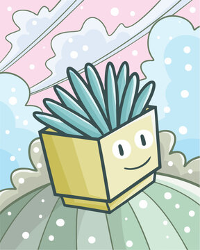Funny succulent in a pot cartoon character with cloudy background
