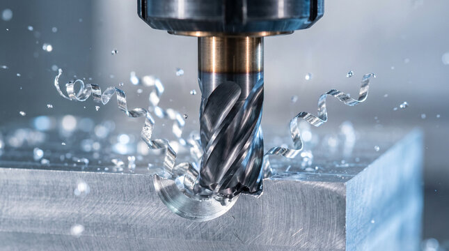 CNC milling machine cutting metal with coolant spray and flying chips in a precision manufacturing workshop