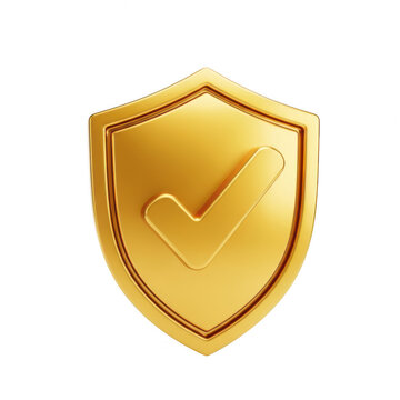 Shiny golden shield icon with a green check mark symbol isolated on transparent background