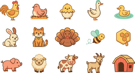 Obraz premium Cute cartoon farm animals vector sticker icon set featuring rooster, chicken, chick, duck, rabbit, cat, turkey, bee, honeycomb, pig, sheep, cow, goat, and barn house.