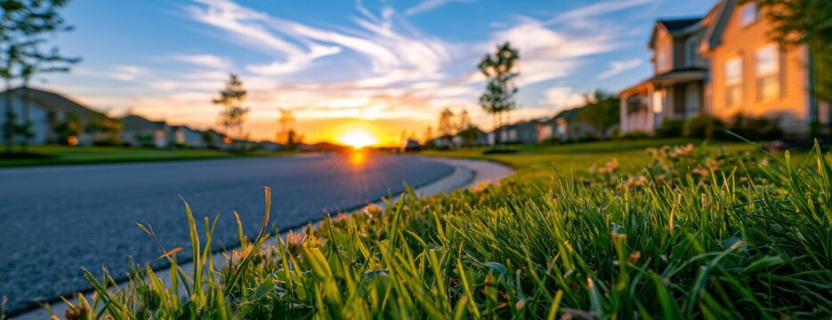 Well-maintained lawn with sunset view in prestigious urban neighborhood  