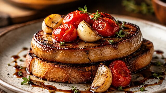 Seared foie gras layered on toast with roasted vegetables plate