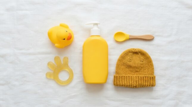 Baby care items with yellow rubber duck, lotion, spoon, teether and knitted hat on a white background