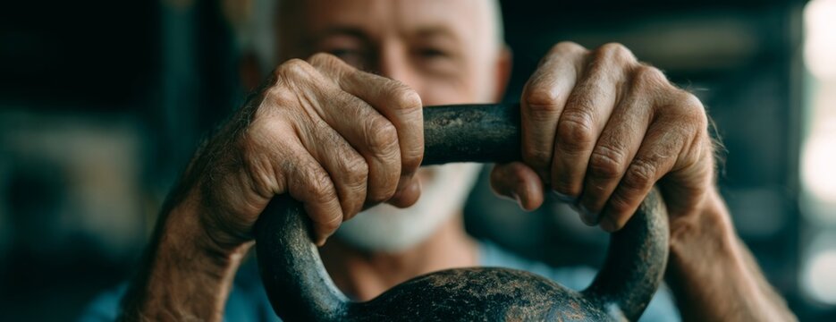 Elderly man holding kettlebell during workout in gym interior  