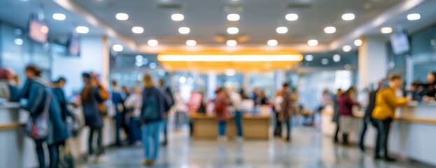Fototapeta premium Blurred service center with staff assisting customers at counters 