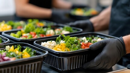Obraz premium A person wearing black gloves assembles fresh vegetable salads into black plastic containers for meal prep