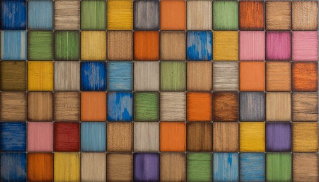 Multicolor Distressed Wooden Tile Mosaic Wall Texture