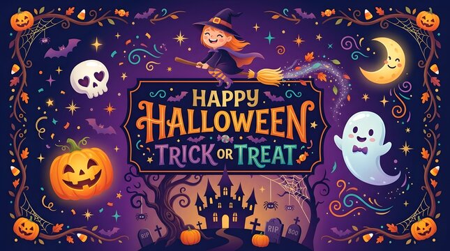 Happy Halloween banner vector illustration with cute witch, smiling moon, ghost, and spooky castle on dark purple background
