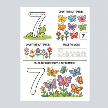 Seven Number Tracing and Butterfly Counting Worksheet for Kids