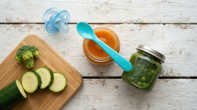 Baby food jars with a blue spoon and a pacifier next to a wooden cutting board with sliced zucchini and broccoli on a rustic white wooden background