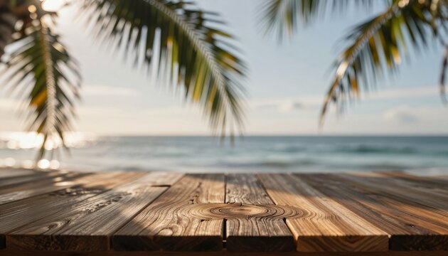 Rustic Wooden Table Surface Overlooking Tropical Beach at Sunset