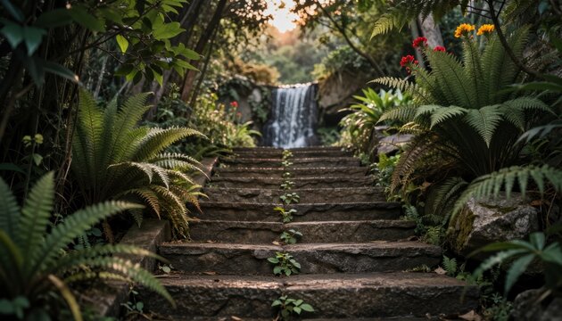 Stone Garden Stairway Leading to Waterfall
