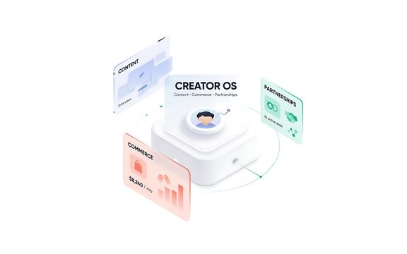 3d isometric representation of a creator operating system with floating panels for commerce, and partnerships on white background