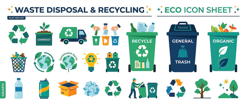 Eco-friendly waste disposal and recycling icon set