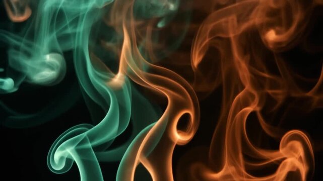 Emerald green and rust orange smoke drifts upward in slow motion, intertwining into elegant wisps under dramatic backlighting with cinematic atmospheric glow against a dark background.