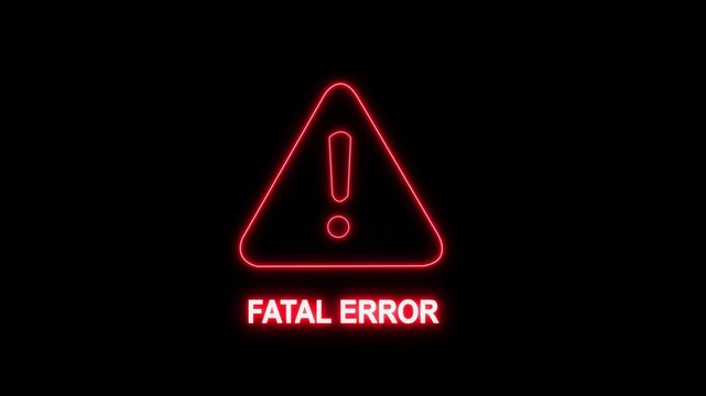 Fatal error neon sign glowing red warning symbol on black background, for cybersecurity and, system failure concepts