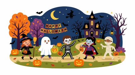 Naklejka premium Group of children in Halloween costumes walking past haunted house at night, flat vector landscape illustration