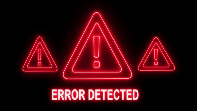 Error detected neon sign animation with warning triangles for system failure, cybersecurity alert, and technical glitch notification concept