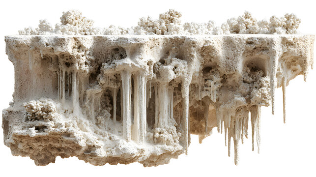 Natural limestone flowstone formation sculpture isolated on white background with depicts natural environment geology mineral texture pattern