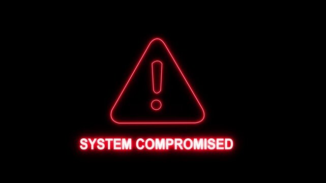System compromised warning sign with glowing red neon exclamation triangle for cybersecurity breach and data protection alerts