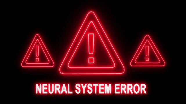 Neural system error warning sign with glowing red neon warning triangles for artificial intelligence and cyber security technology concepts