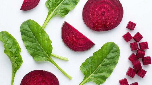 Fresh beetroot slices, wedges, cubes, and green leaves isolated on white background