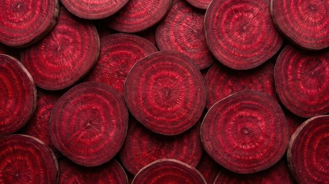 Fresh raw beet slices background, top view