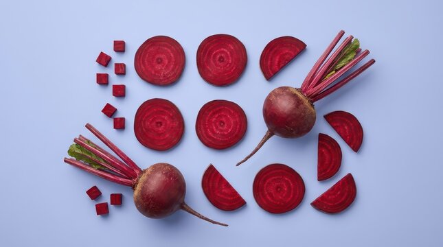 Fresh whole beetroots, slices and cubes on blue background