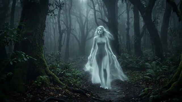Ethereal Woman Walking Through Mystical Foggy Forest Scene