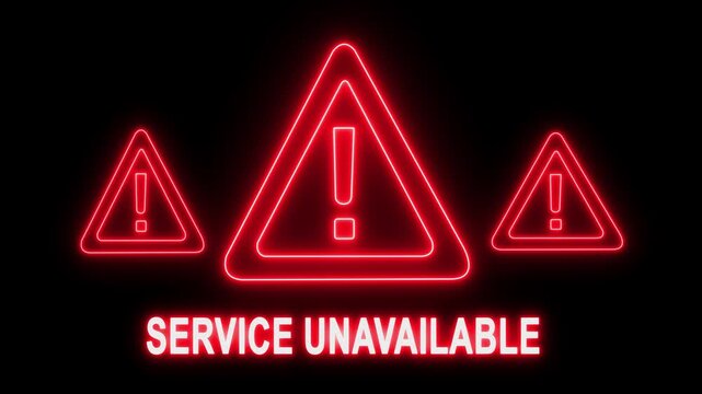 Service unavailable neon sign animation: red warning triangles with exclamation marks for website error, system maintenance, and cybersecurity alert notifications