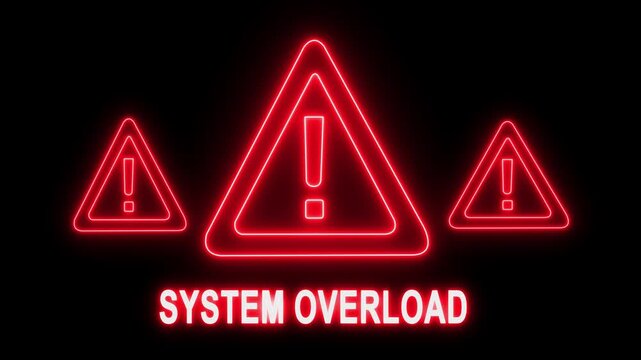 System overload warning sign with glowing red neon hazard triangles and exclamation marks for cybersecurity, technical failure, or server error alerts