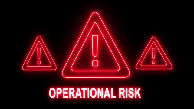 Operational risk warning sign with glowing red neon exclamation triangles for corporate business safety and cybersecurity threat alert motion