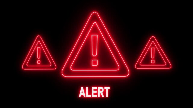 Red neon alert sign with warning triangles, glowing digital hazard notification for cybersecurity, industrial safety, and system error notifications on black background