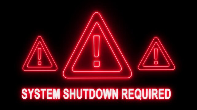 Neon red system shutdown required warning sign, digital cyber security alert animation for critical server error, technology failure and emergency data breach notification concept