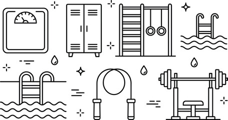 Fitness gym and sports center line icon set featuring swimming pool scale locker barbell jump rope gymnastic rings vector © Hafizul