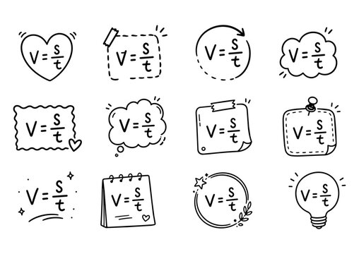 Hand Drawn Velocity Formula V Equals Distance Over Time Physics Doodle Sticker Set with Speed Motion Science Education Math Badge Icons Outline Vector Illustration Collection for Learning