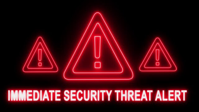 Immediate security threat alert neon sign animation, cyber attack warning and digital data breach notification concept for cybersecurity and network protection