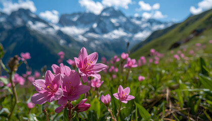 Obraz premium Vast meadow blanketed in wildflowers, mountains in the distance, flower field against snow covered mountains, created with generative ai