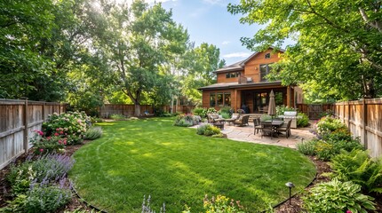 Fototapeta premium Luxurious Residential Backyard with Manicured Green Lawn, Stone Pathway, and Lush Garden Landscape