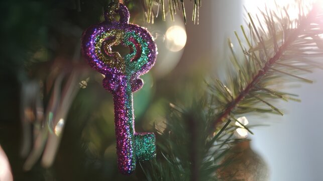 Colorful key ornament hangs on a Christmas tree branch during the holiday season