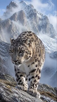 Snow leopard walking on rocky terrain with mountains in the background  