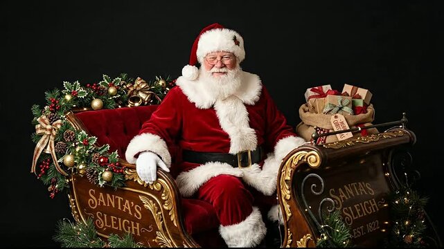 Festive Santa Claus Sitting in Sleigh with Gifts and Decorations
