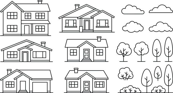 Minimalist house outline vector icon set with residential buildings clouds trees and bushes for real estate architectural design