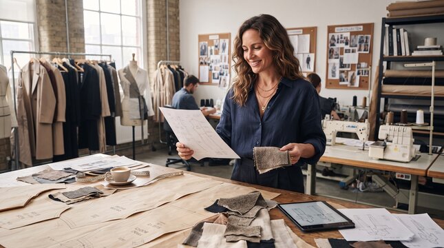 Female fashion designer working in her tailoring studio, reviewing sketches and fabric samples
