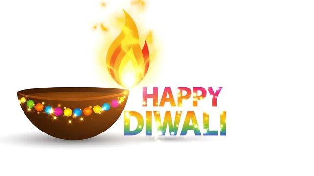Happy diwali greeting with a colorful diya lamp and vibrant flame isolated on white background