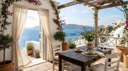 Fototapeta premium Mediterranean balcony with sea view. Luxury terrace overlooking the Aegean ocean.