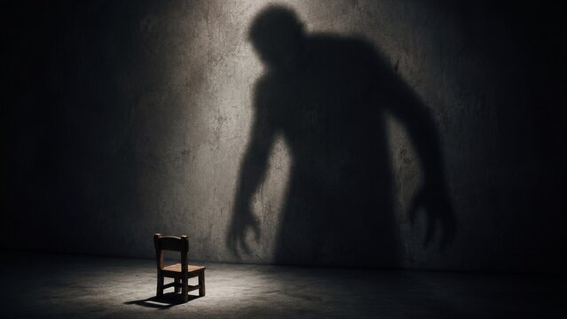 Human shadow looming over empty chair in dark room