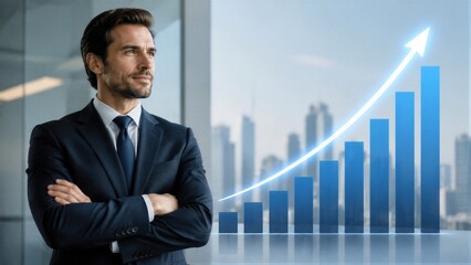 Fototapeta premium Businessman standing with arms crossed in office with city skyline backdrop
