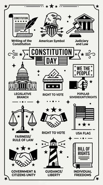 USA Constitution Day Symbols: Vote, Law, Freedom, Liberty, American Eagle, Government